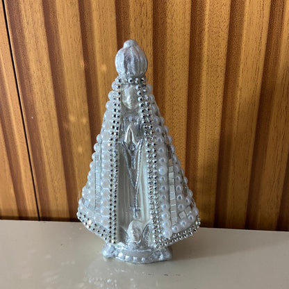 IMAGEM DE GESSO NOSSA SENHORA APARECIDA BRANCA COM MANTO ESPELHADO 14CM (1 UNIDADE)