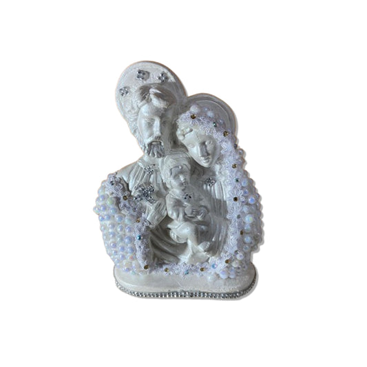 BUSTO DE GESSO SAGRADA FAMÍLIA BRANCO COM PÉROLA E STRASS 20CM (1 UNIDADE)
