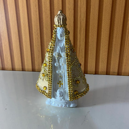 IMAGEM DE GESSO NOSSA SENHORA APARECIDA BRANCA DECOUPAGE DOURADO 15CM (1 UNIDADE)