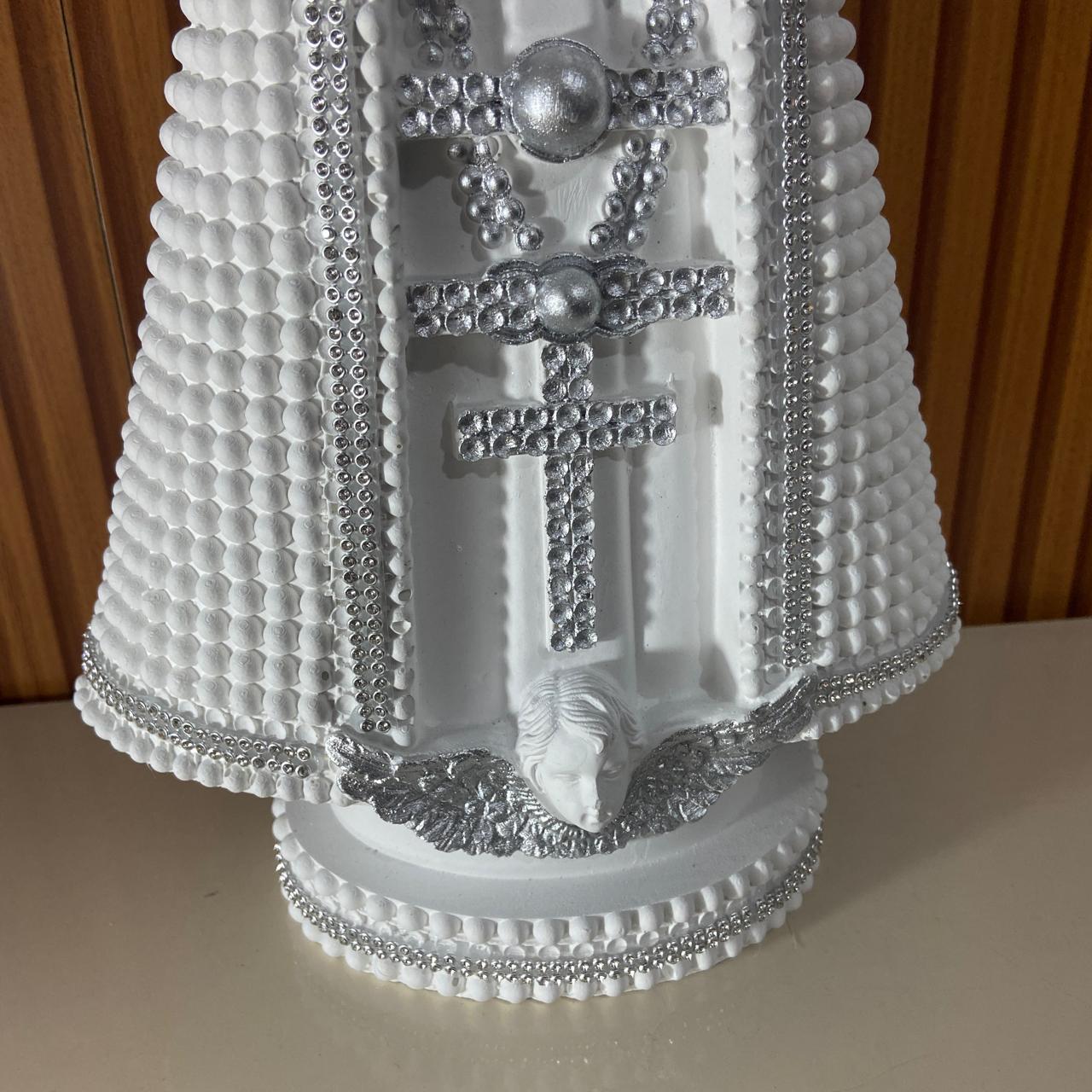 IMAGEM DE GESSO NOSSA SENHORA APARECIDA BRANCA COM STRASS PRATA 39CM (1 UNIDADE)