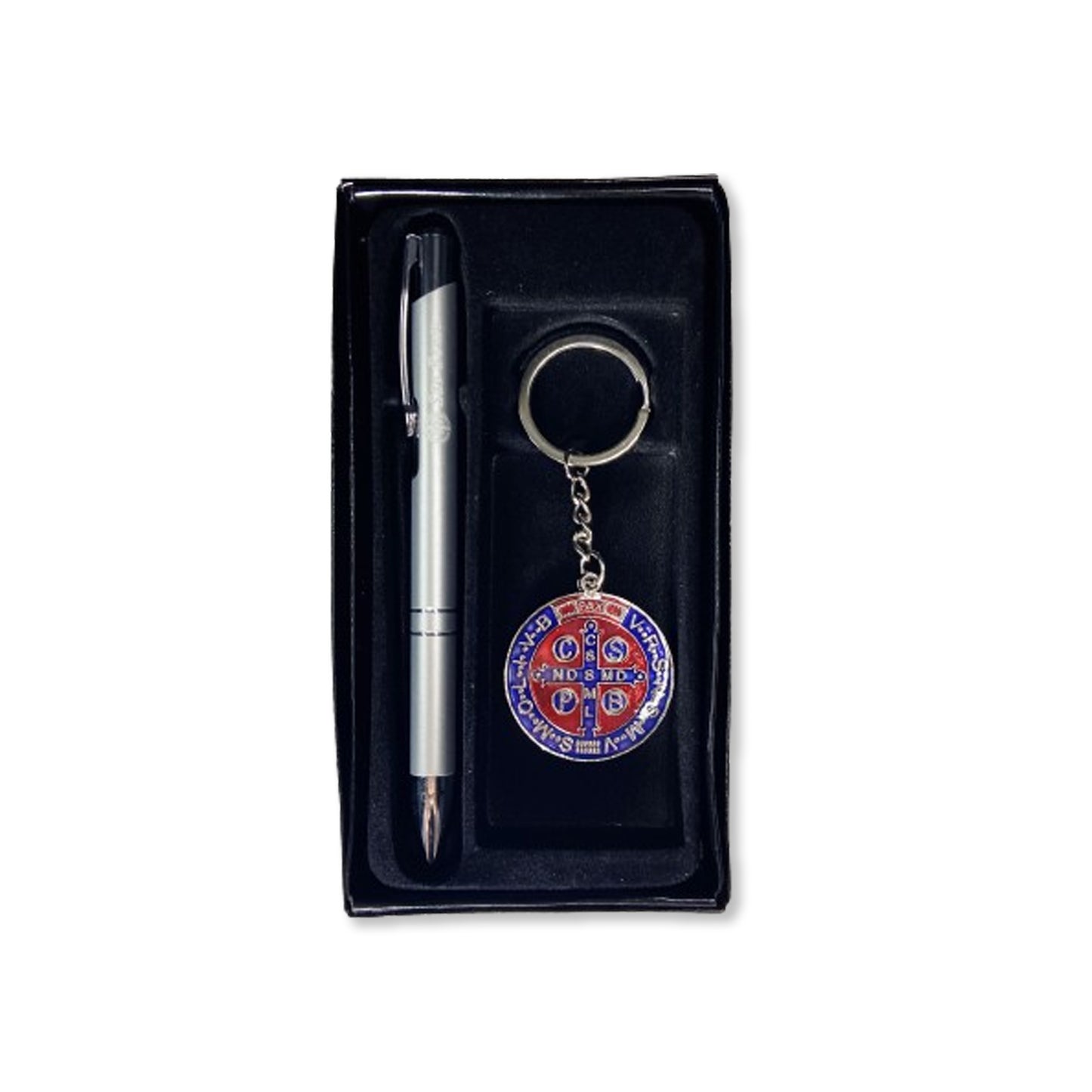 KIT CANETA COM CHAVEIRO MEDALHA SÃO BENTO PRATA ( 1 UNIDADE)