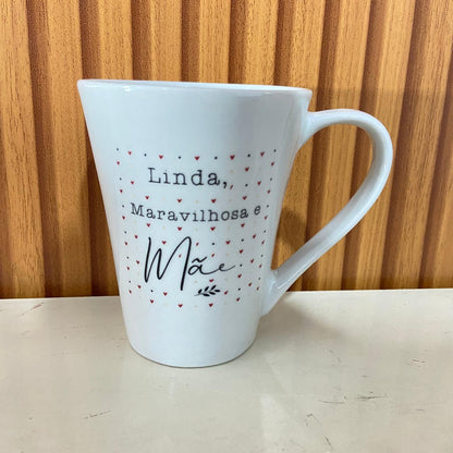 CANECA BRANCA DE PORCELANA LINDA, MARAVILHOSA E MÃE (1 UNIDADE)