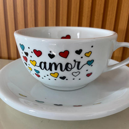 TIGELA DE PORCELANA COM ALÇA AMOR + PRATO 500ML (1 UNIDADE)