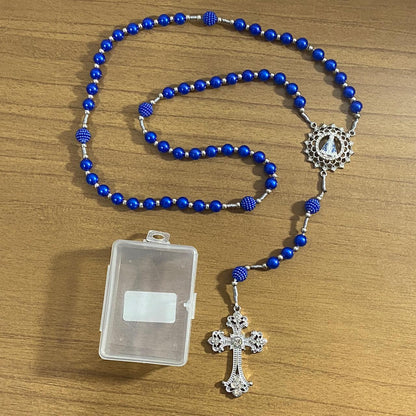 TERÇO DE NOIVA PRATEADO PÉROLA AZUL NOSSA SENHORA APARECIDA 08MM (1 UNIDADE)