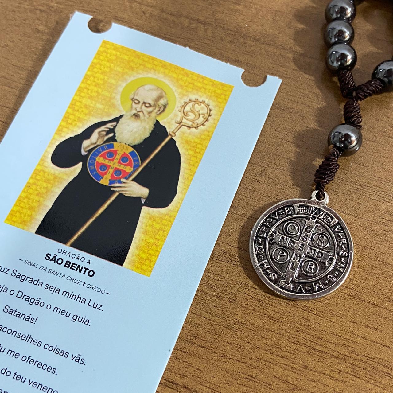 CHAVEIRO DEZENA HEMATITA COM MOSQUETE MEDALHA SÃO BENTO (3 UNIDADES)