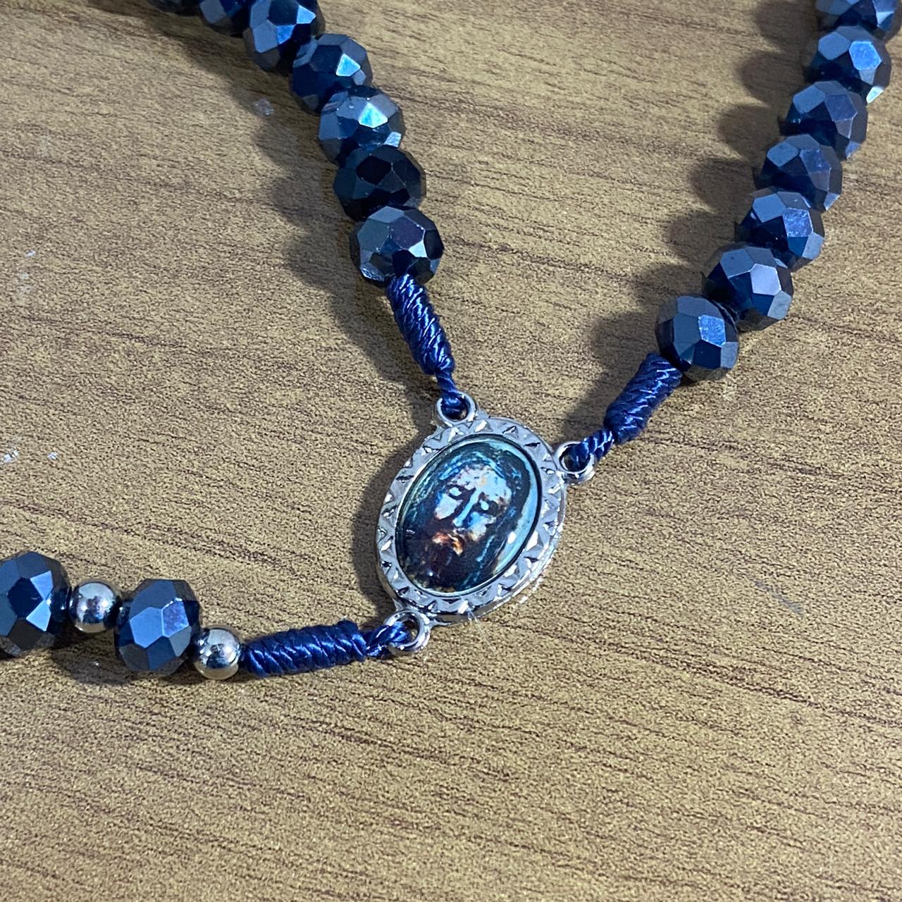 TERÇO CRISTAL AZUL PETRÓLEO SAGRADA FACE 8MM(1 UNIDADE)