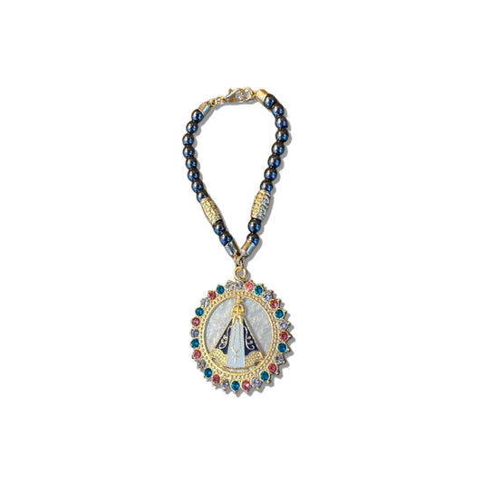 DEZENA PARA CARRO HEMATITA NOSSA SENHORA APARECIDA COM STRASS 06MM (3 UNIDADES)