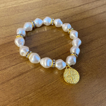 PULSEIRA PÉROLA MEDALHA DE SÃO BENTO 10MM MOD-8 (03 UNIDADES)
