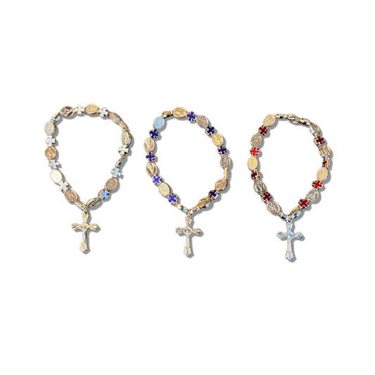 PULSEIRA METAL DOURADO COM MEDALHAS DECORADAS NOSSA SENHORA DAS GRAÇAS CORES SORTIDAS (06 UNIDADES)