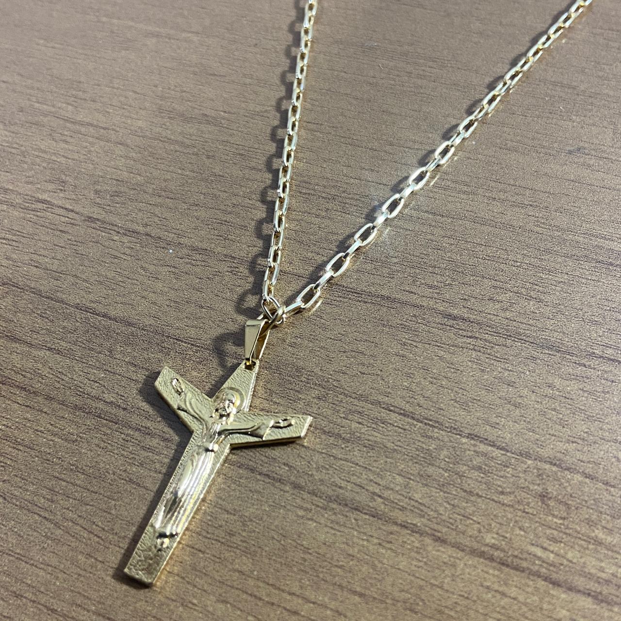 CORRENTE DOURADA CRUZ  JEUS CRISTO RESSUSCITADO ( 1 UNIDADE)