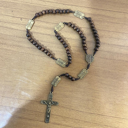 TERÇO DE MADEIRA CONTEMPLAÇÃO DOS MISTÉRIOS DO ROSÁRIO MEDALHA SÃO BENTO (1 UNIDADE)