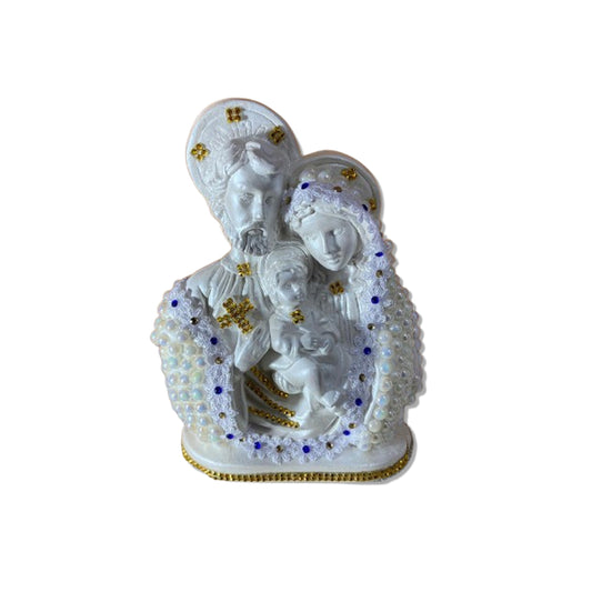 BUSTO DE GESSO SAGRADA FAMÍLIA BRANCO COM PÉROLA E STRASS DOURADO 20CM (1 UNIDADE)