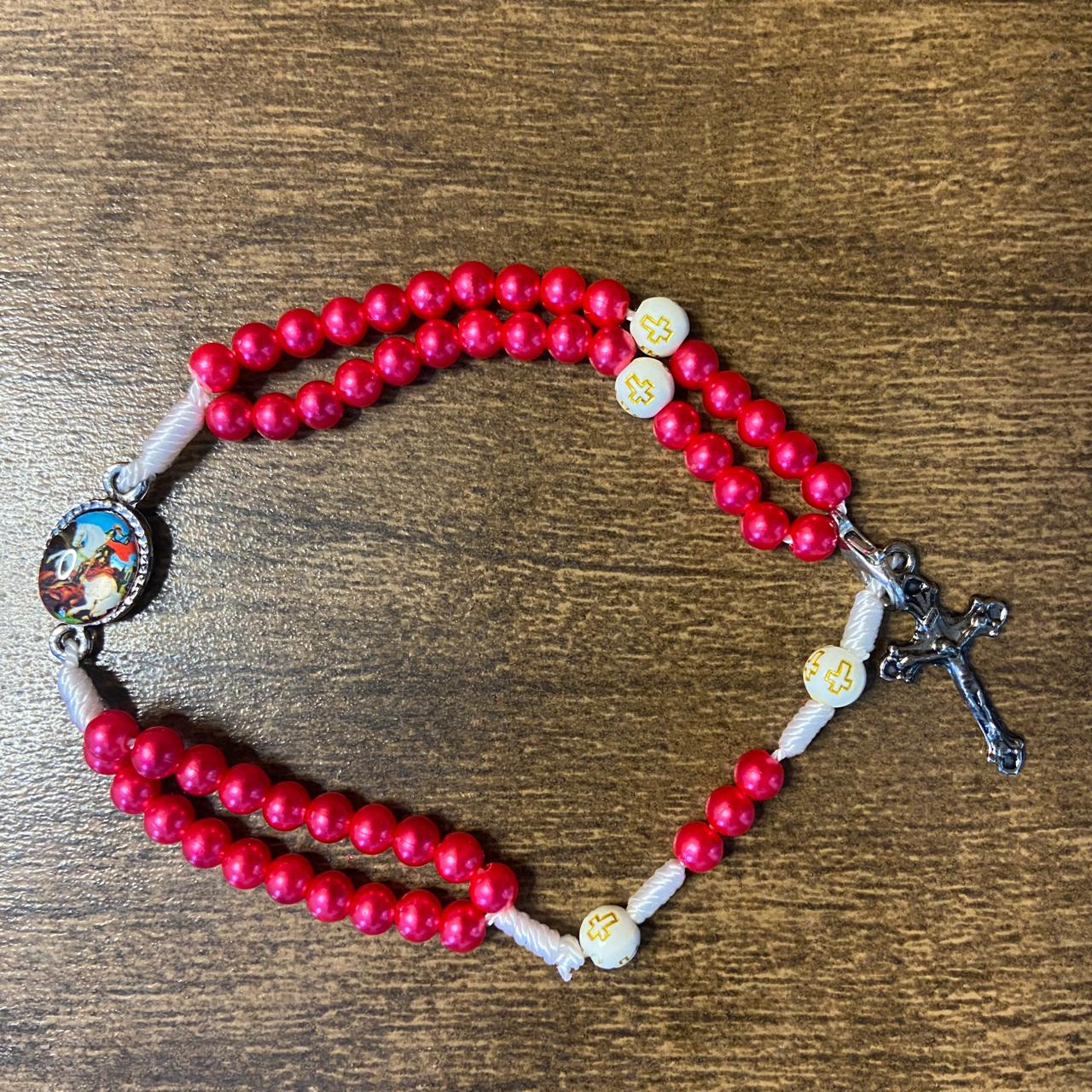 TERÇO PULSEIRA PÉROLA VERMELHA SÃO JORGE (6 UNIDADES)