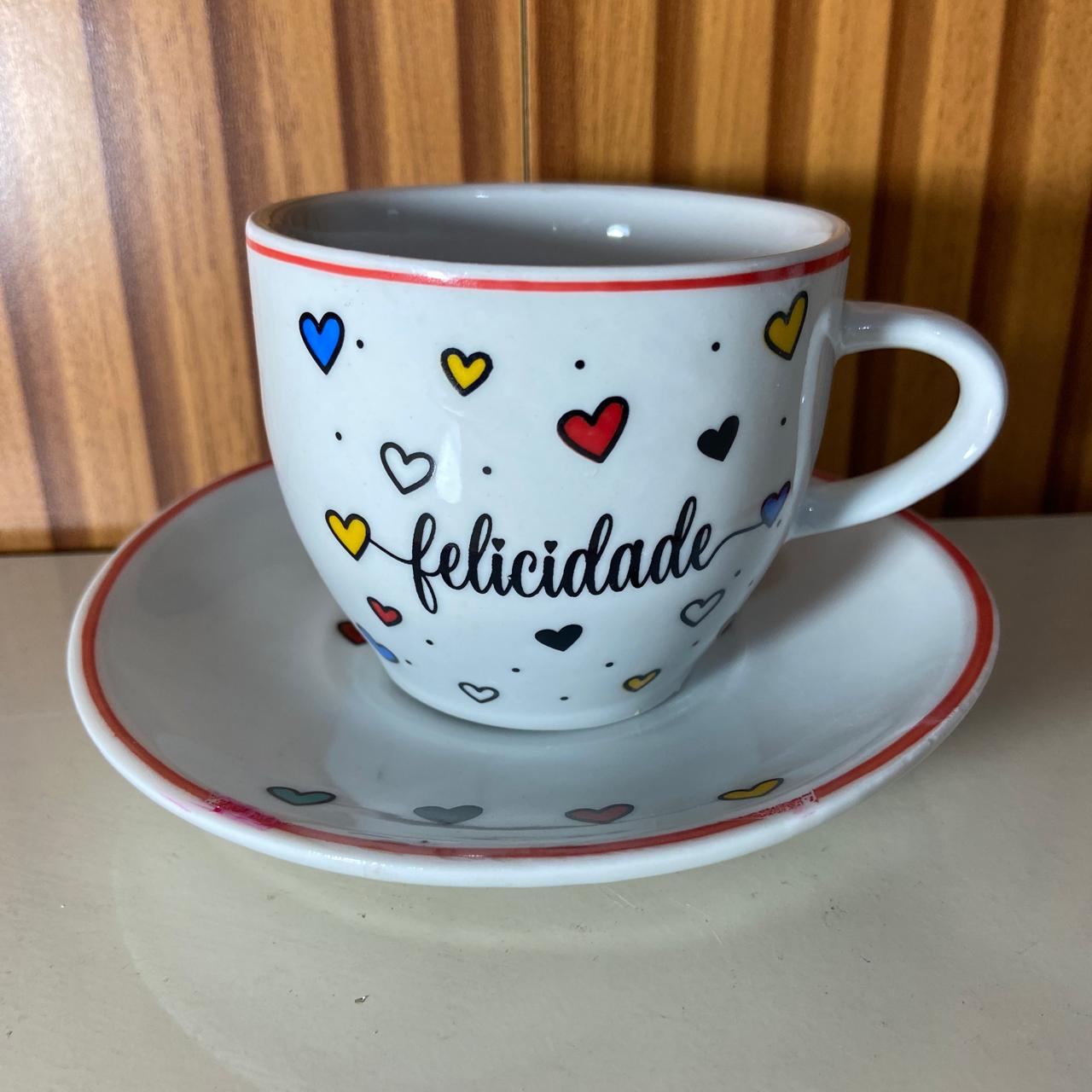 XÍCARA COM PIRES FELICIDADE MOD2 200ML (1 UNIDADE)