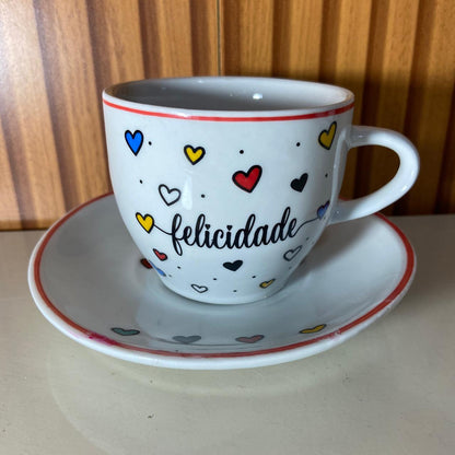 XÍCARA COM PIRES FELICIDADE MOD2 200ML (1 UNIDADE)
