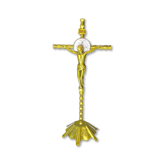 CRUCIFIXO DE METAL PAREDE OURO VELHO COM MEDALHA SÃO BENTO 23CM (1 UNIDADE)