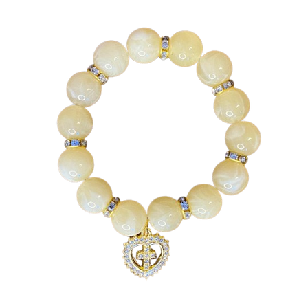 PULSEIRA PÉROLA BEGE COM PINGENTE DE CRUZ COM STRASS 08MM  (03 UNIDADES)