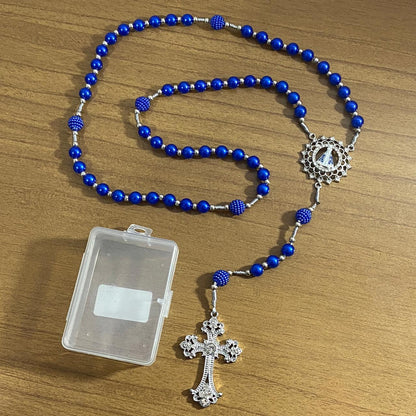 TERÇO DE NOIVA PRATEADO PÉROLA AZUL NOSSA SENHORA APARECIDA 08MM (1 UNIDADE)