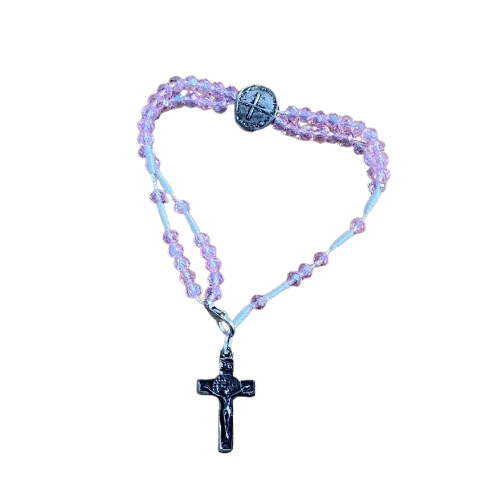 TERÇO PULSEIRA CRISTAL DUAS MEDALHAS ROSA TRANSPARENTE  (3 UNIDADES)