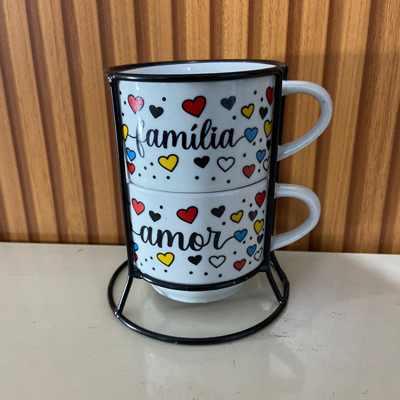 XÍCARA BRANCA EMPILHÁVEL FAMÍLIA E AMOR  ( 2 UNIDADES)