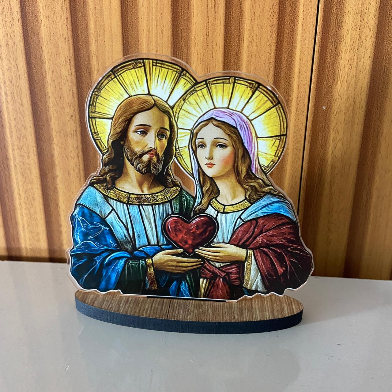 ADORNO DE MESA ACRÍLICO RESINADO SAGRADO CORAÇÃO DE JESUS E IMACULADO CORAÇÃO DE MARIA 11CM (1 UNIDADE)