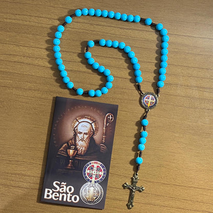 TERÇO PÉROLA AZUL CAMPISTA MEDALHA SÃO BENTO 10MM (1 UNIDADE)