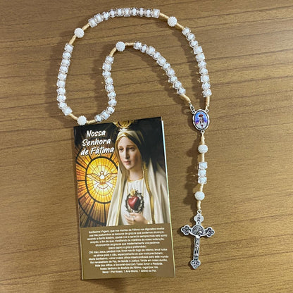 TERÇO ACRÍLICO BRANCO COM FECHO NOSSA SENHORA DE FÁTIMA MOD2 08MM (1 UNIDADE)