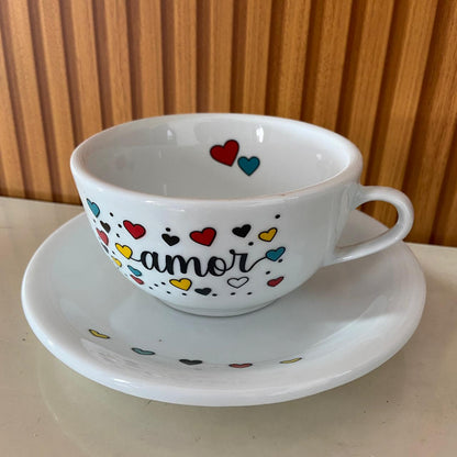 TIGELA DE PORCELANA COM ALÇA AMOR + PRATO 500ML (1 UNIDADE)