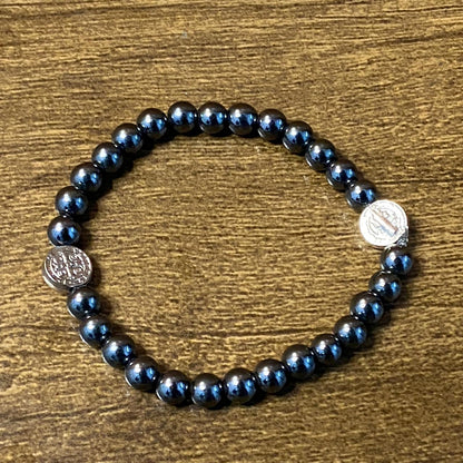 PULSEIRA HEMATITA MEDALHA SÃO BENTO 06MM MOD3  ( 1 UNIDADE)