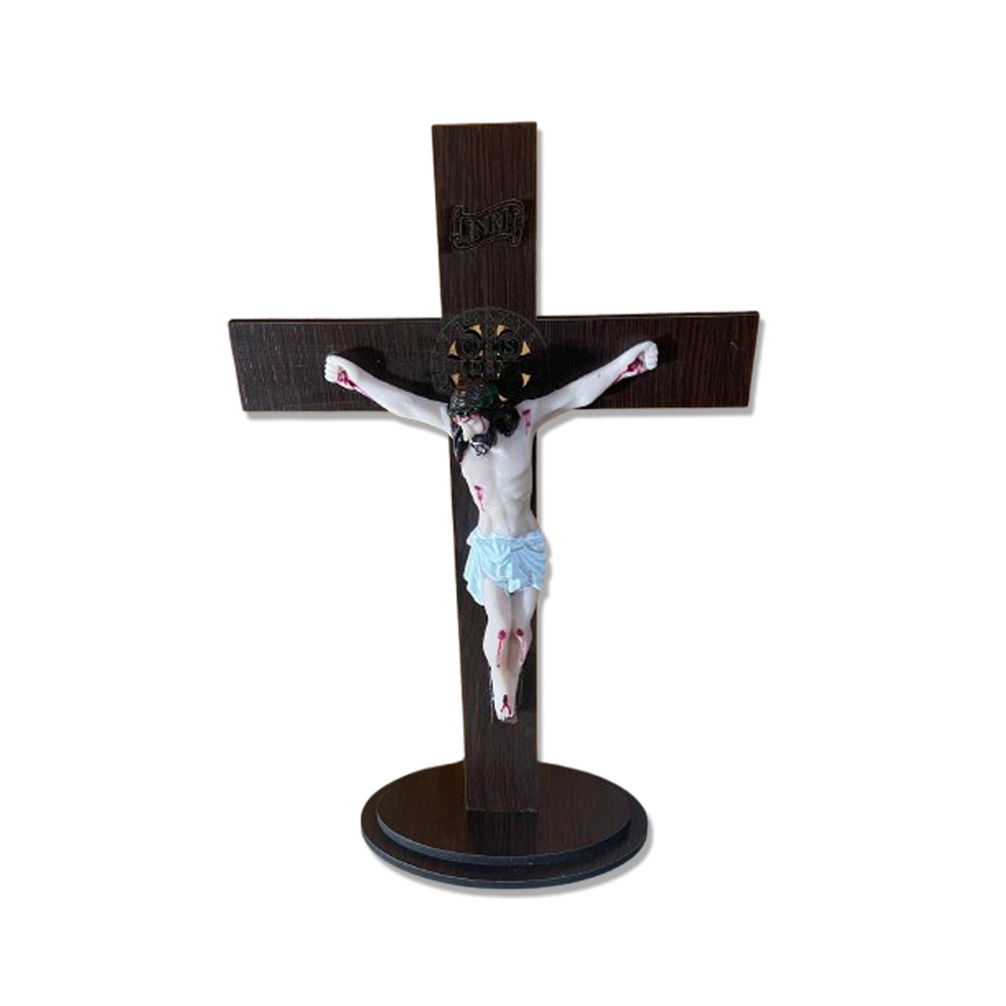CRUCIFIXO MDF DE MESA MEDALHA SÃO BENTO COM CRISTO DE RESINA NACIONAL MOD2 36CM (1 UNIDADE)