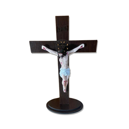 CRUCIFIXO MDF DE MESA MEDALHA SÃO BENTO COM CRISTO DE RESINA NACIONAL MOD2 36CM (1 UNIDADE)