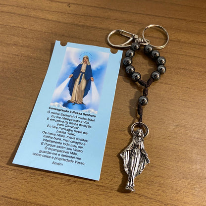 CHAVEIRO DEZENA HEMATITA COM MOSQUETE NOSSA SENHORA DAS GRAÇAS (3 UNIDADES)