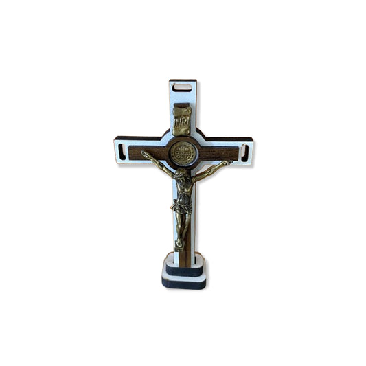 CRUCIFIXO MDF DE MESA BRANCO E TABACO  11,5CM (1 UNIDADE)