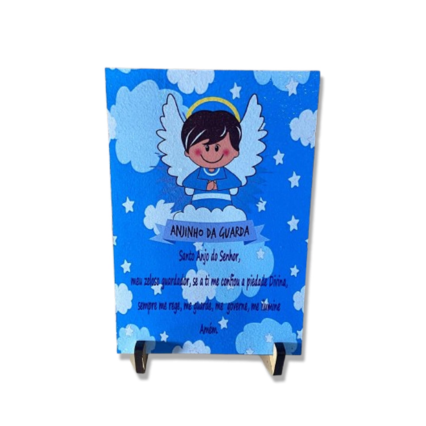 PLAQUINHA DE MESA MDF RESINADO ANJINHO DA GUARDA AZUL 19CM x 13CM  (1 UNIDADE)