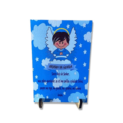 PLAQUINHA DE MESA MDF RESINADO ANJINHO DA GUARDA AZUL 19CM x 13CM  (1 UNIDADE)