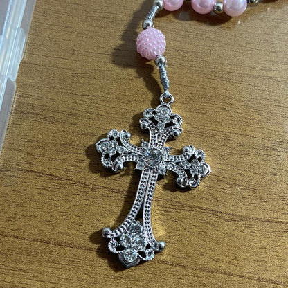 TERÇO DE NOIVA PRATEADO PÉROLA ROSA NOSSA SENHORA APARECIDA 08MM (1 UNIDADE)