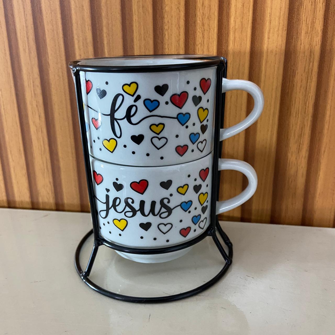 XÍCARA BRANCA EMPILHÁVEL FÉ E JESUS ( 2 UNIDADES)