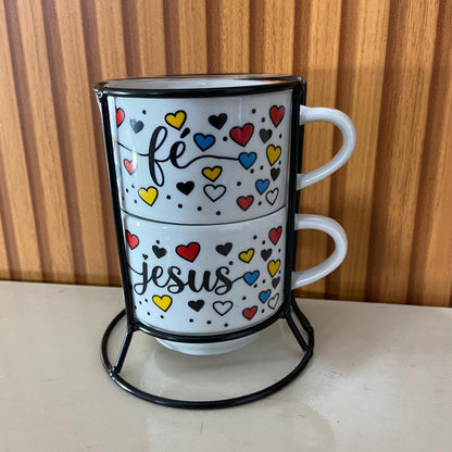 XÍCARA BRANCA EMPILHÁVEL FÉ E JESUS ( 2 UNIDADES)