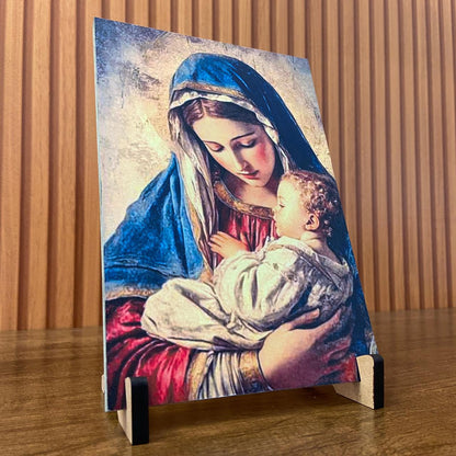 PLAQUINHA DE MESA MDF RESINADO NOSSA SENHORA COM MENINO JESUS 19CM x 13CM  (1 UNIDADE)
