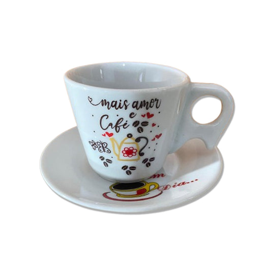 XÍCARA COM PIRES MAIS AMOR E CAFÉ 200ML (1 UNIDADE)