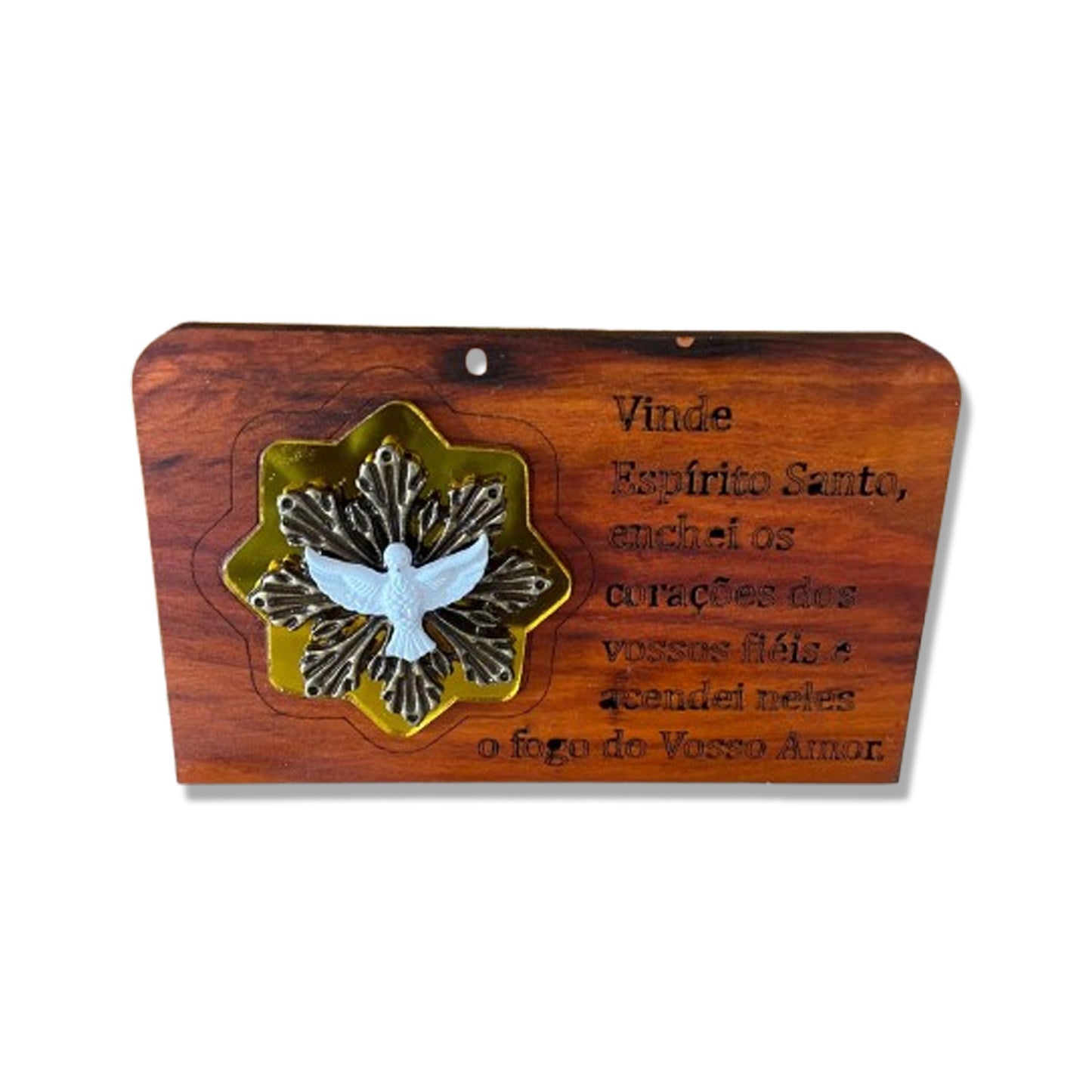 ADORNO DE MESA MADEIRA COM ORAÇÃO DIVINO ESPÍRITO SANTO METAL OURO VELHO 7,7CM (1 UNIDADE)