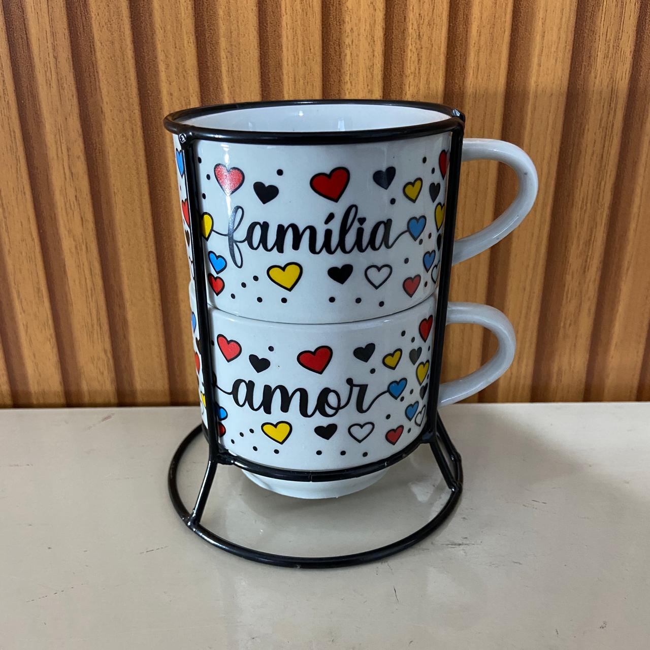 XÍCARA BRANCA EMPILHÁVEL FAMÍLIA E AMOR  ( 2 UNIDADES)