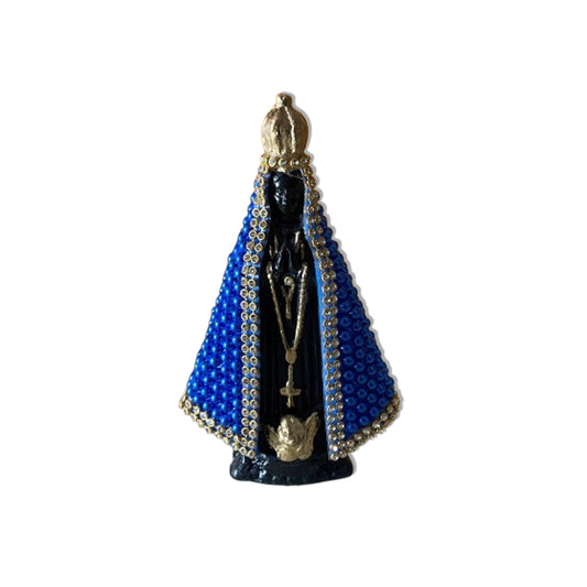 IMAGEM DE GESSO NOSSA SENHORA APARECIDA COM PÉROLA AZUL E STRASS 14CM (1 UNIDADE)
