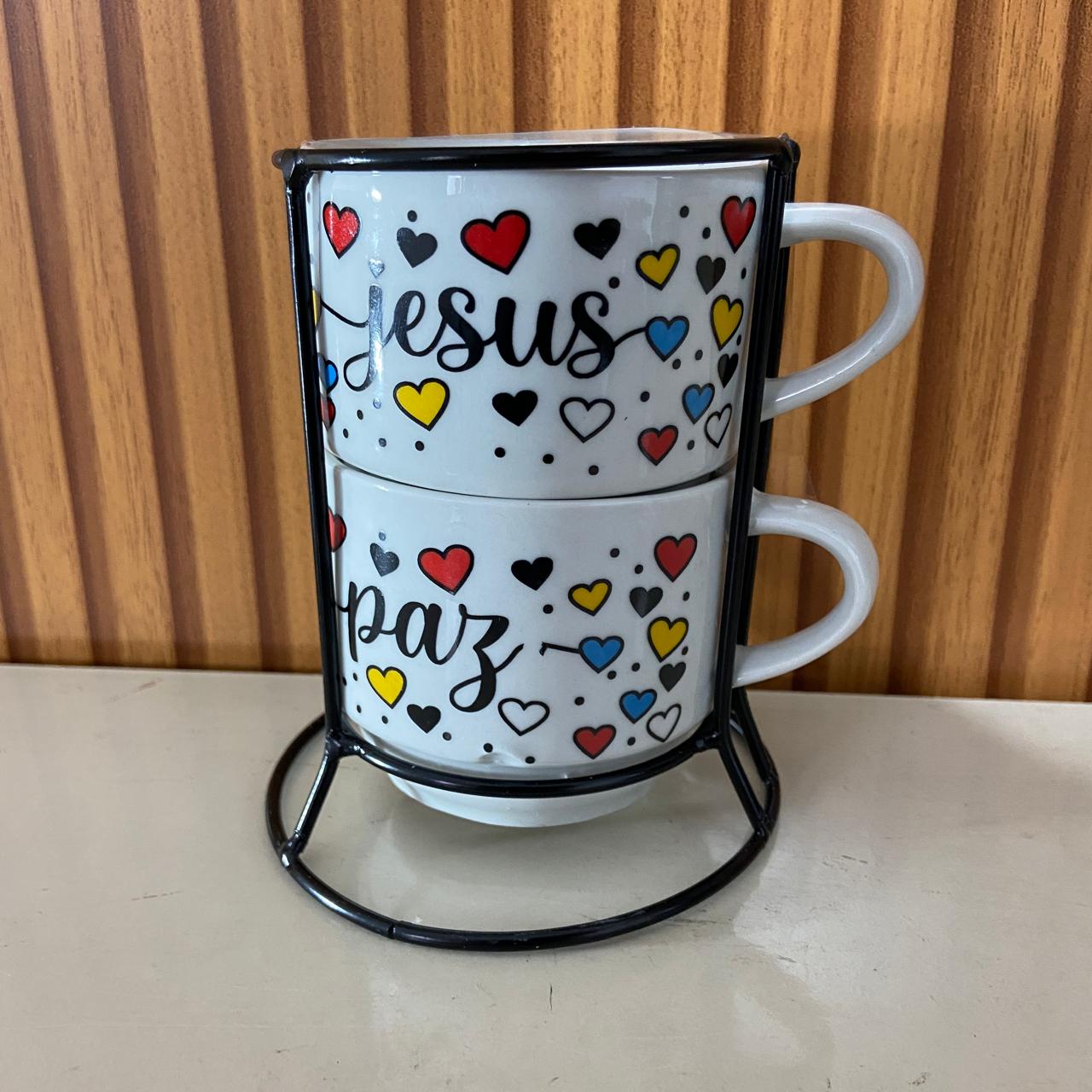 XÍCARA BRANCA EMPILHÁVEL JESUS E PAZ  ( 2 UNIDADES)