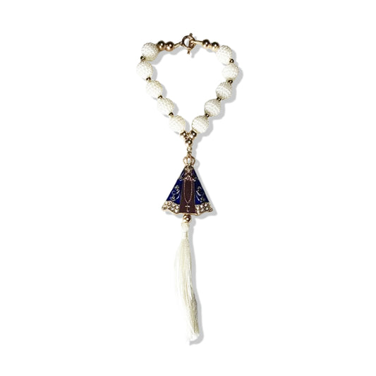 DEZENA PARA CARRO NOSSA SENHORA APARECIDA MARROM AMORA BRANCA 12MM (3 UNIDADES)