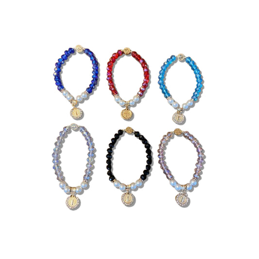 PULSEIRA CRISTAL COM PÉROLA MEDALHA SÃO BENTO CORES SORTIDAS  ( 06 UNIDADES