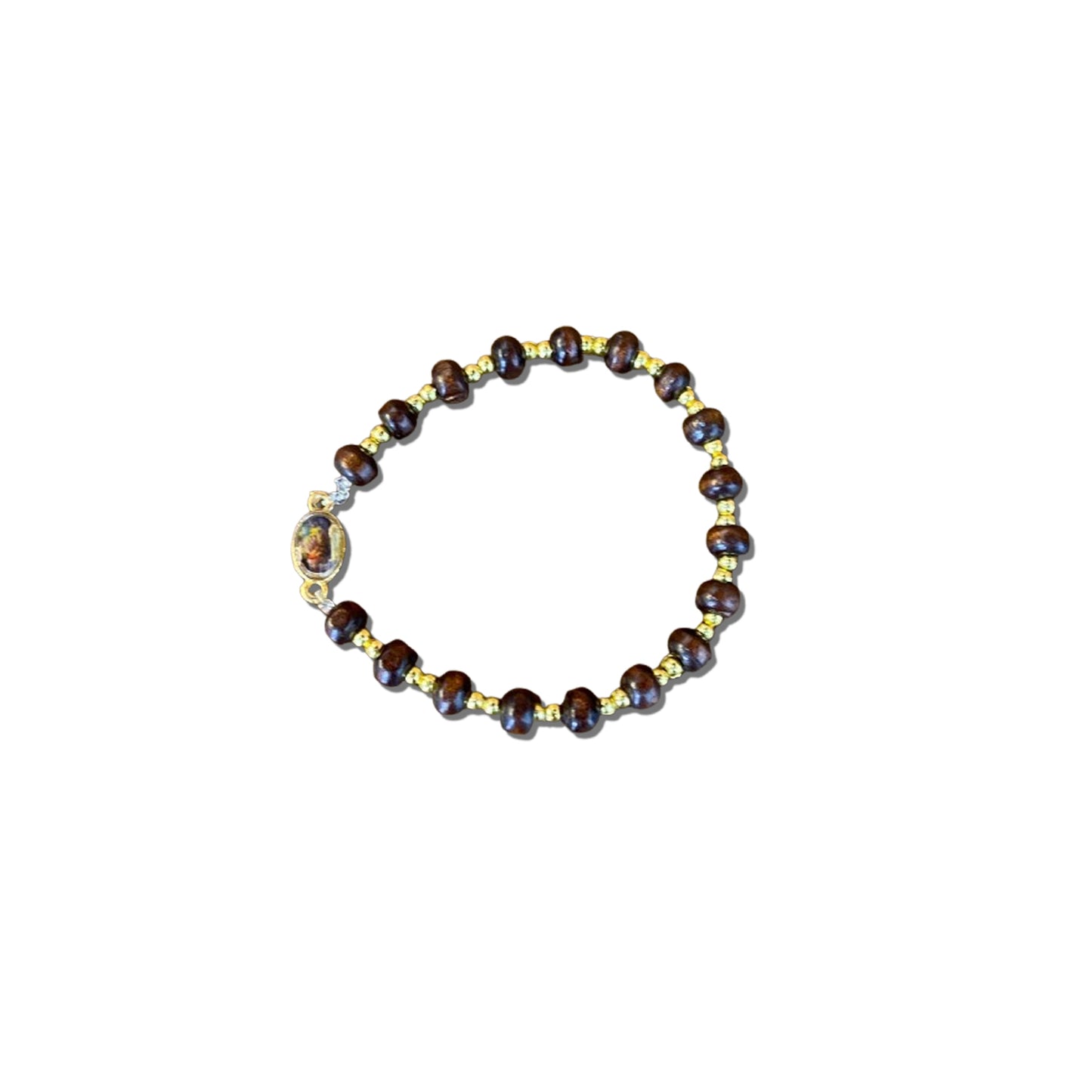 PULSEIRA DE MADEIRA COM MEDALHA NOSSA SENHORA DE LOURDES (01 UNIDADE)