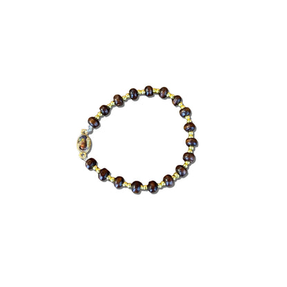 PULSEIRA DE MADEIRA COM MEDALHA NOSSA SENHORA DE LOURDES (01 UNIDADE)