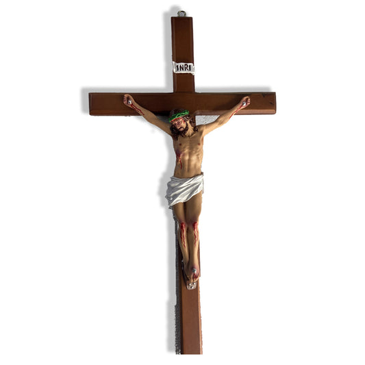 CRUCIFIXO MADEIRA DE PAREDE COM CRISTO DE RESINA NACIONAL 50CM (1 UNIDADE)