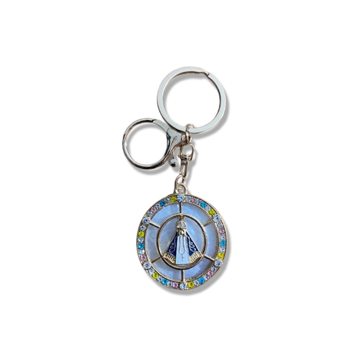CHAVEIRO LUXO MADREPÉROLA COM STRASS COLORIDO NOSSA SENHORA APARECIDA COM MOSQUETE  (6 UNIDADES)